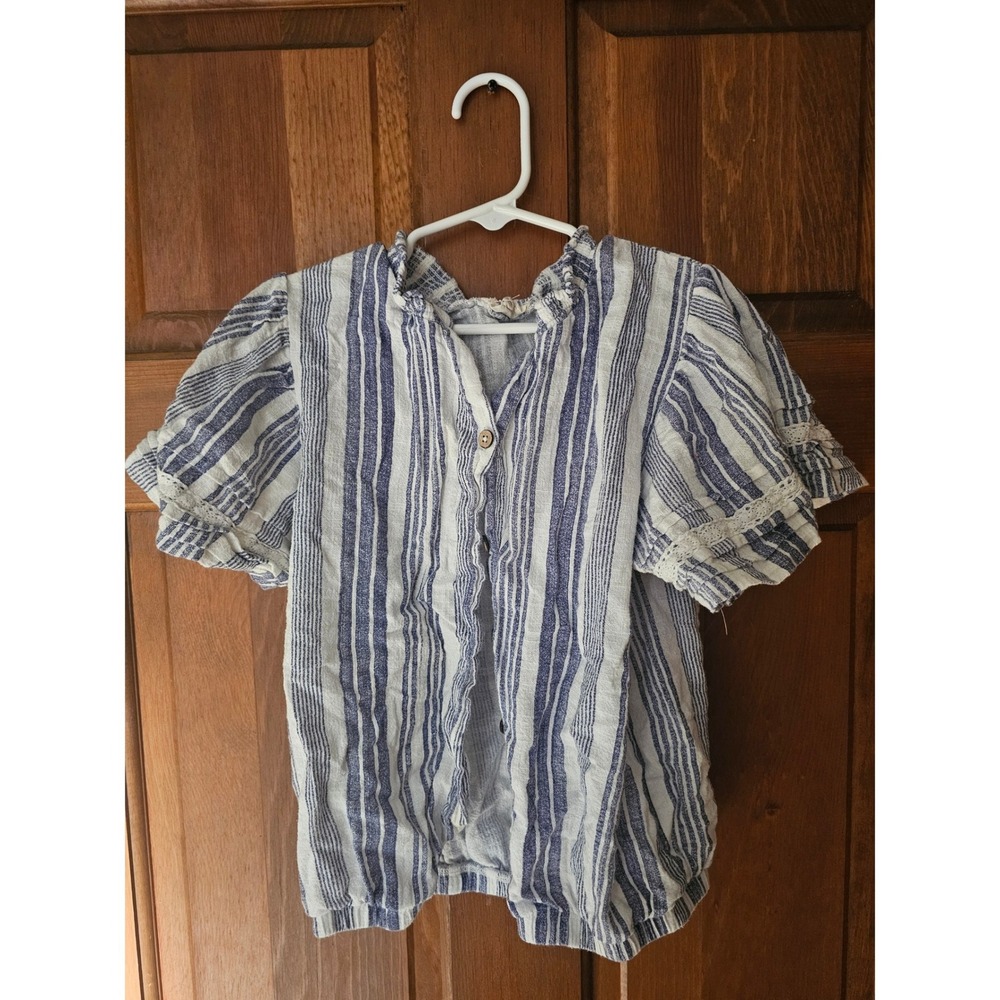 Jessica Simpson Girls Blue White Striped Lace Trim Puff Sleeve Blouse Top